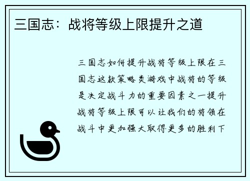 三国志：战将等级上限提升之道